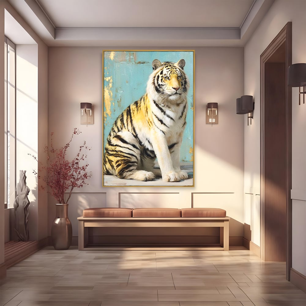 Tablou canvas cu tablou canvas cu tigru alb, in rama de aluminiu auriu